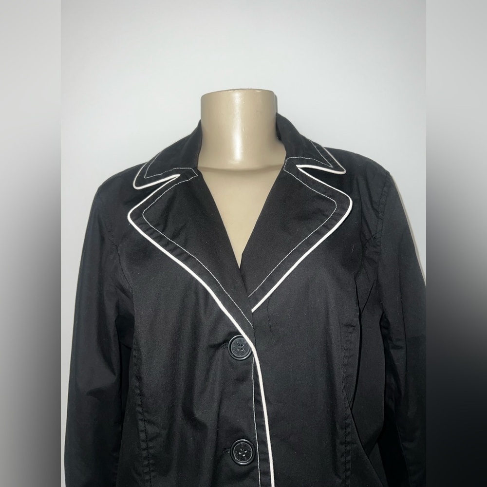 Dennis Basso Black Trench Coat with White Accents - Picture 7 of 8